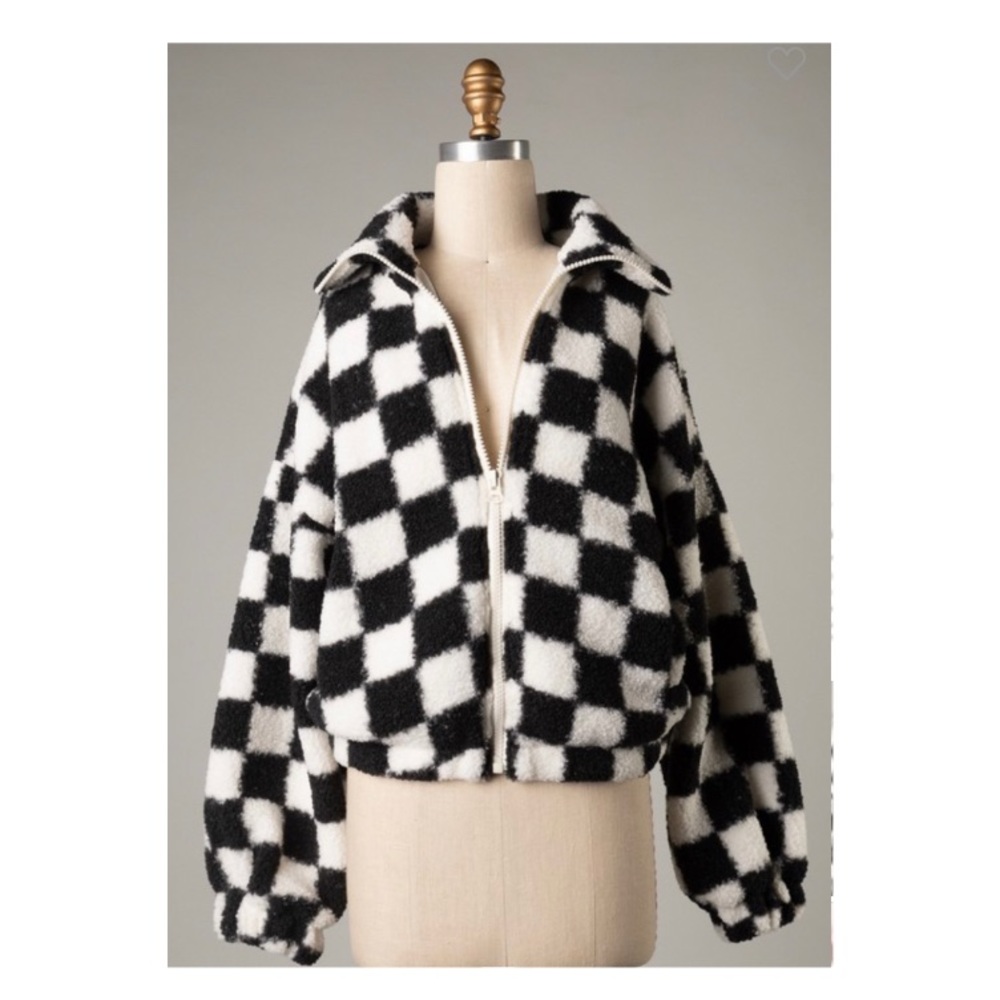 Black and white checkered zip up jacket faux shearling teddy jacket